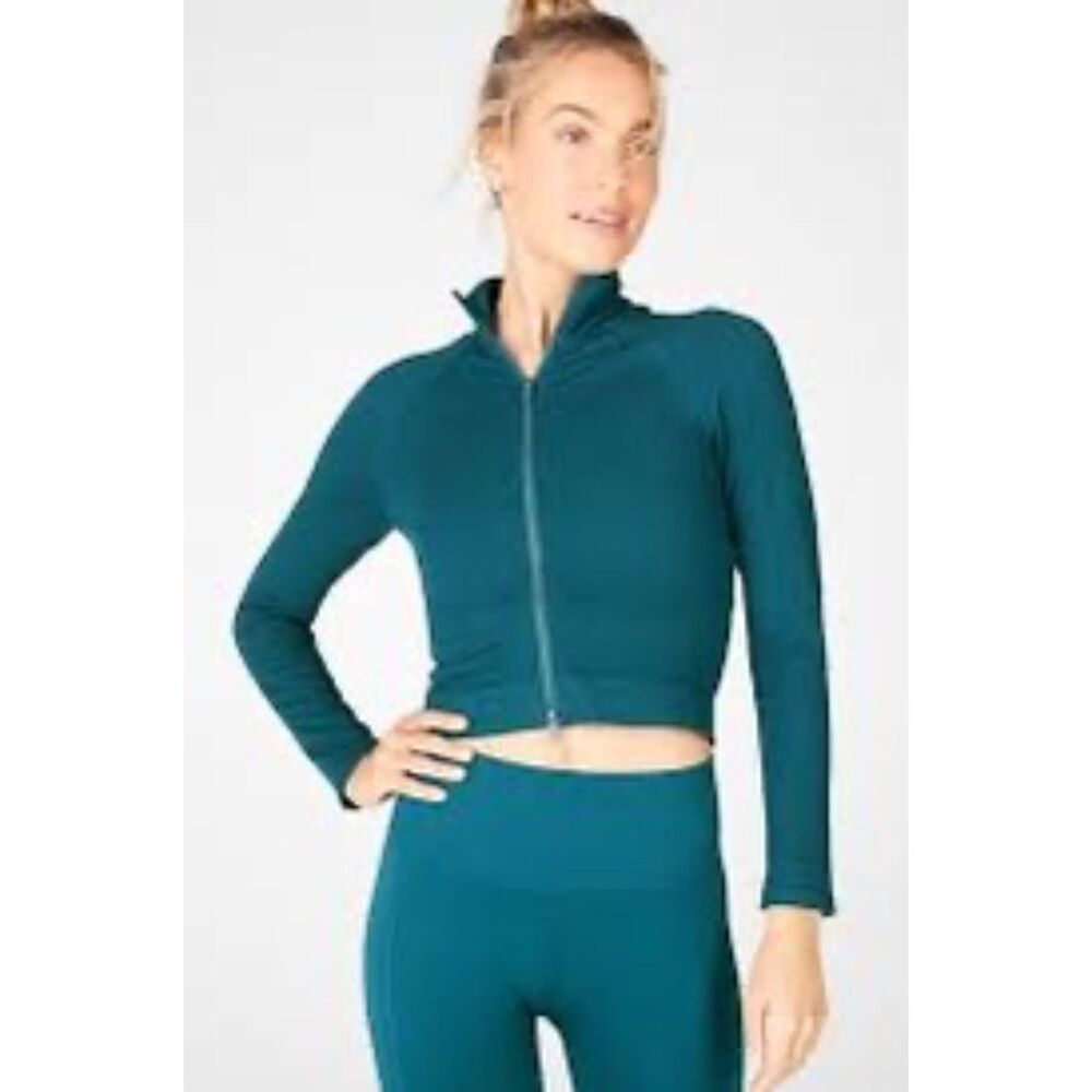Fabletics Teal Ribbed Cropped Full Zip Jacket Long Sleeve Size Small Activewear